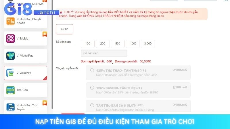 Nạp tiền Gi8 để đủ điều kiện tham gia trò chơi