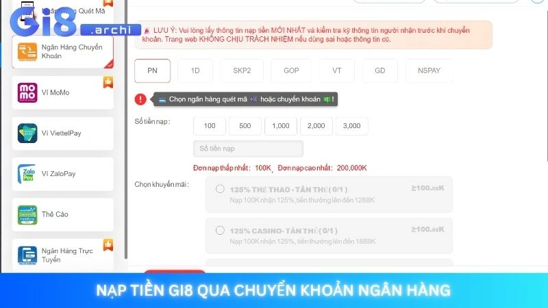 Nạp tiền Gi8 qua chuyển khoản ngân hàng